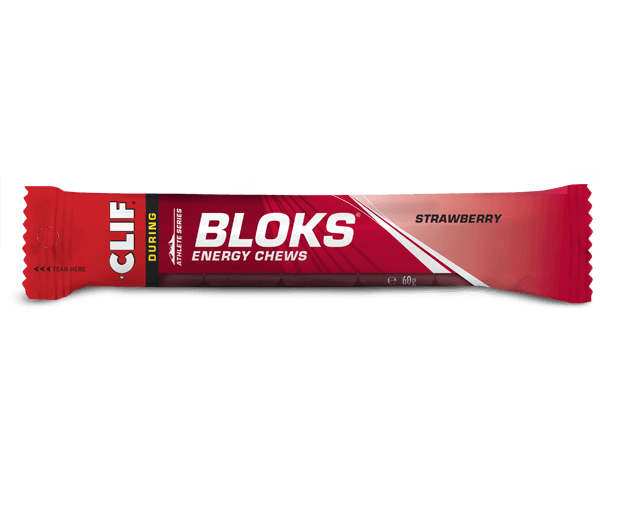 Red and white packet of strawberry flavoured Clif Shot Bloks