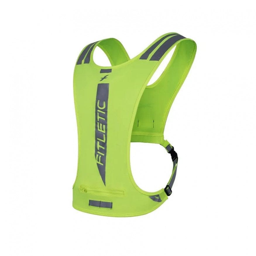Yellow safety vest with reflective strips, side view.