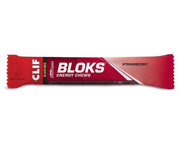 Red and white packet of strawberry flavoured Clif Shot Bloks